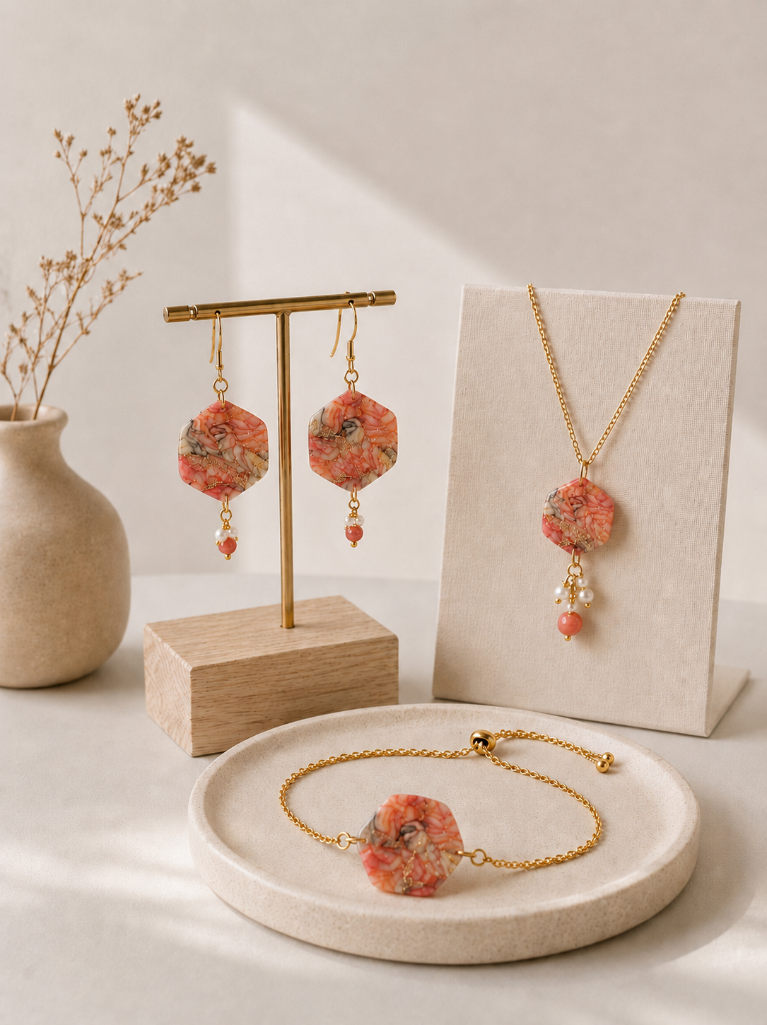Conjunto Colar, Brincos e Pulseira Prisma